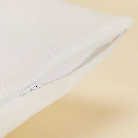 Detailed view of the zipper on the Slumber Cloud Performance Pillow Cover made with Outlast Temperature Regulation Technology